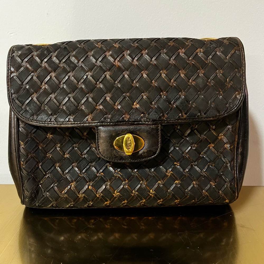 Bally Vintage Woven Leather Clutch Black Gold Turn Lock Italy - Picture 16 of 16